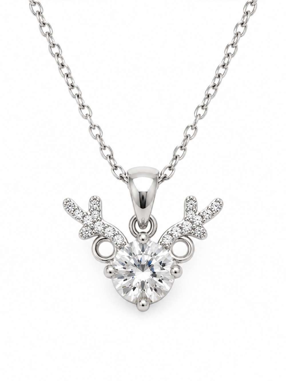 Silver-tone Crystal Heart and Antler Pendant Necklace - Silver